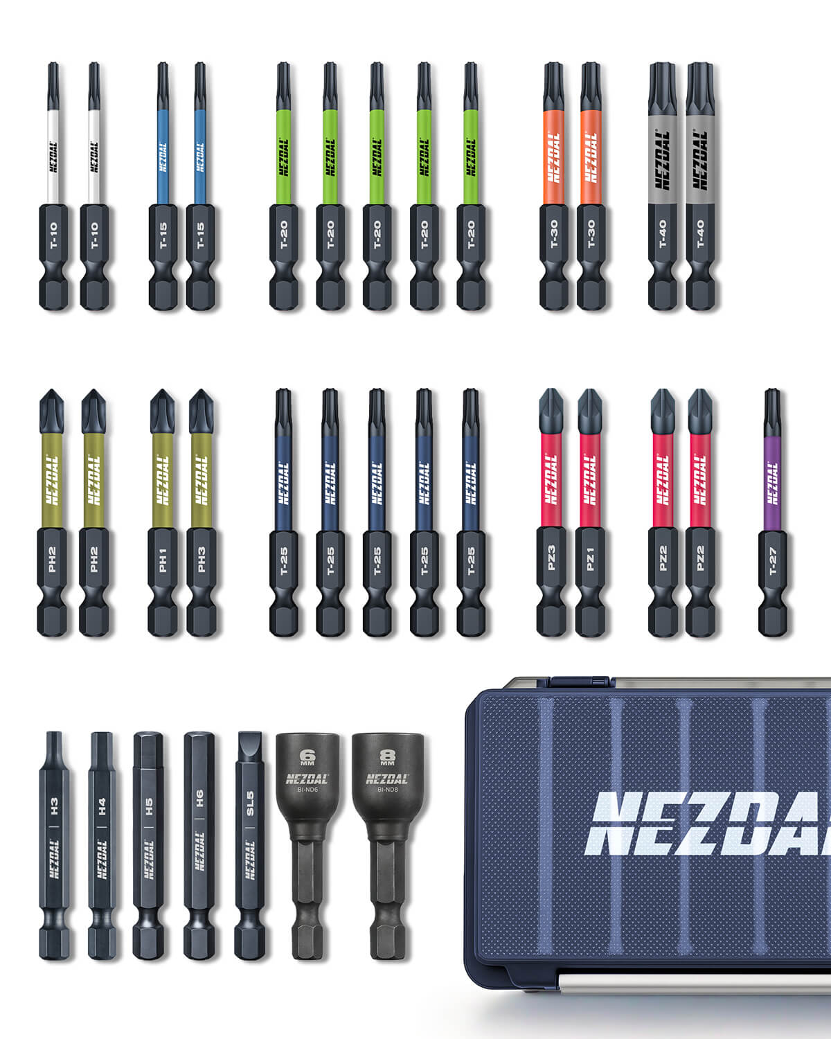 Allrounderen | 60mm længde | Farvekodet | Perfekt pasform | 34 bits + opbevaringsboks