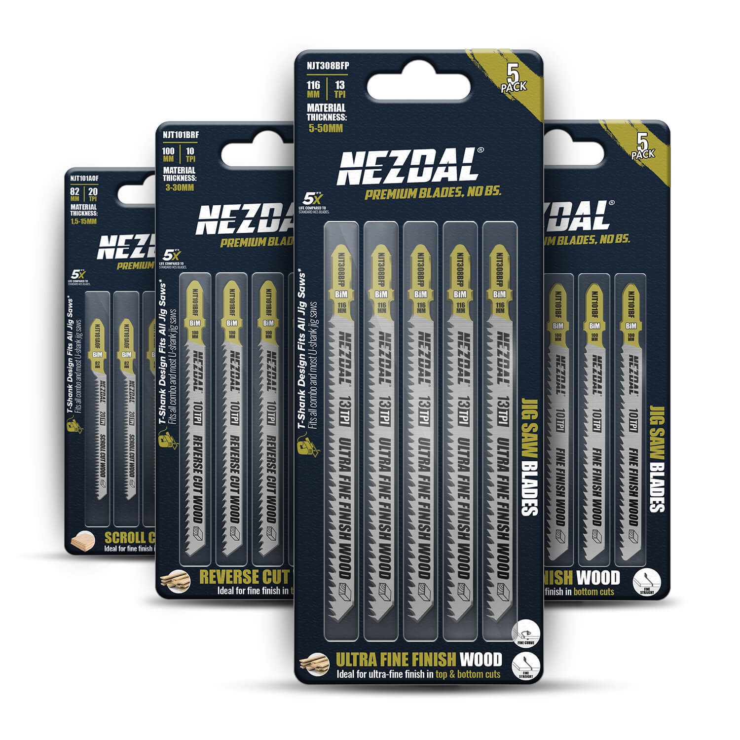 retail packaging for the 4 jig saw blade  models included in the woodworkers choice pack