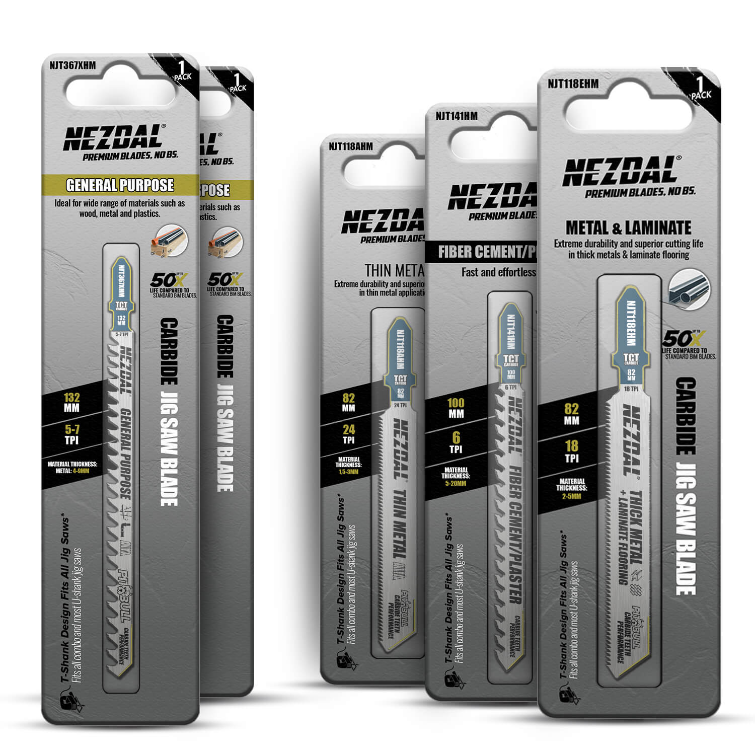 retail packaging for 5 different carbide jigsaw blade models